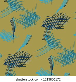 Various Pen Hatches. Seamless Pattern with chaotic Hand Drawn Lines. Retro Background for Curtain, Dress, Tablecloth. Vertical, Horizontal and Diagonal Strokes. Grunge Vector Texture