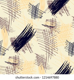 Various Pen Hatches. Seamless Pattern with chaotic Hand Drawn Lines. Trendy Background for Paper, Print, Underwear. Vertical, Horizontal and Diagonal Strokes. Grunge Vector Texture