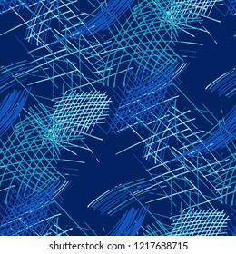 Various Pen Hatches. Seamless Pattern with chaotic Hand Drawn Lines. Trendy Background for Paper, Print, Underwear. Vertical, Horizontal and Diagonal Strokes. Grunge Vector Texture