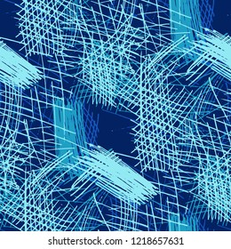 Various Pen Hatches. Seamless Pattern with chaotic Hand Drawn Lines. Trendy Background for Cloth, Dress, Tablecloth. Vertical, Horizontal and Diagonal Strokes. Grunge Vector Texture