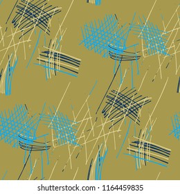 Various Pen Hatches. Seamless Texture with chaotic Hand Drawn Lines. Retro Background for Chintz, Print, Underwear. Vertical, Horizontal and Diagonal Strokes. Grunge Vector Texture