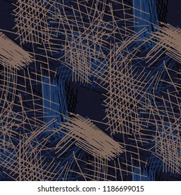 Various Pen Hatches. Seamless Texture with chaotic Hand Drawn Lines. Trendy Background for Paper, Wallpaper, Underwear. Vertical, Horizontal and Diagonal Strokes. Grunge Vector Texture