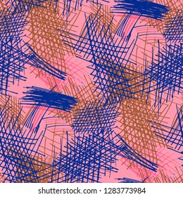 Various Pen Hatches. Seamless Texture with chaotic Hand Drawn Lines. Vintage Background for Curtain, Shirt, Tablecloth. Vertical, Horizontal and Diagonal Strokes. Grunge Vector Texture