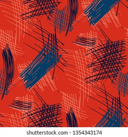 Various Pen Hatches. Seamless Texture with chaotic Hand Drawn Lines. Trendy Background for Curtain, Shirt, Tablecloth. Vertical, Horizontal and Diagonal Strokes. Grunge Vector Texture