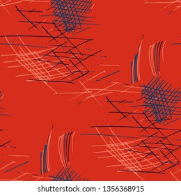 Various Pen Hatches. Seamless Texture with chaotic Hand Drawn Lines. Trendy Background for Paper, Print, Underwear. Vertical, Horizontal and Diagonal Strokes. Grunge Vector Texture