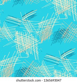 Various Pen Hatches. Seamless Texture with chaotic Hand Drawn Lines. Retro Background for Chintz, Print, Swimwear. Vertical, Horizontal and Diagonal Strokes. Grunge Vector Texture