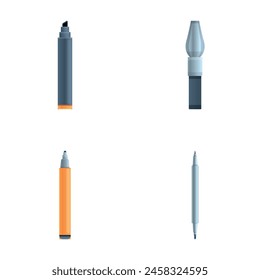 Various pen icons set cartoon vector. Feather pen and marker. Calligraphy tool