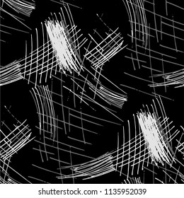 Various Pen Strokes. Seamless Black White Texture with Hand Drawn Lines. Vintage Background for Curtain, Shirt, Fabric. Vertical, Horizontal and Diagonal Strokes. Grunge Vector