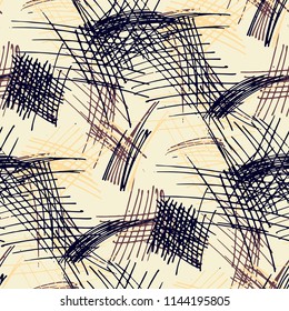 Various Pen Strokes. Seamless Pattern with chaotic Hand Drawn Lines. Trendy Background for Chintz, Wallpaper, Swimwear. Vertical, Horizontal and Diagonal Strokes. Grunge Vector Texture