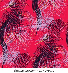 Various Pen Strokes. Seamless Pattern with chaotic Hand Drawn Lines. Retro Background for Curtain, Dress, Tablecloth. Vertical, Horizontal and Diagonal Strokes. Grunge Vector Texture