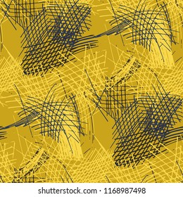 Various Pen Strokes. Seamless Pattern with chaotic Hand Drawn Lines. Retro Background for Curtain, Dress, Tablecloth. Vertical, Horizontal and Diagonal Strokes. Grunge Vector Texture