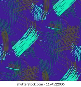 Various Pen Strokes. Seamless Pattern with chaotic Hand Drawn Lines. Retro Background for Chintz, Print, Swimwear. Vertical, Horizontal and Diagonal Strokes. Grunge Vector Texture