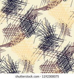 Various Pen Strokes. Seamless Pattern with chaotic Hand Drawn Lines. Vintage Background for Print, Wallpaper, Swimwear. Vertical, Horizontal and Diagonal Strokes. Grunge Vector Texture