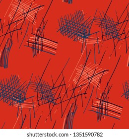 Various Pencil Hatches. Seamless Pattern with chaotic Hand Drawn Lines. Trendy Background for Calico, Fabric, Print. Vertical, Horizontal and Diagonal Strokes. Grunge Vector Texture