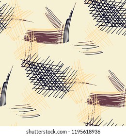 Various Pencil Hatches. Seamless Texture with chaotic Hand Drawn Lines. Retro Background for Curtain, Shirt, Fabric. Vertical, Horizontal and Diagonal Strokes. Grunge Vector Texture