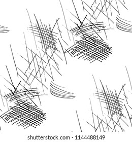 Various Pencil Strokes. Seamless Black White Pattern with Chaotic Hand Drawn Lines. Modern Background for Calico, Fabric, Print. Vertical, Horizontal and Diagonal Strokes. Grunge Vector