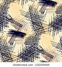 Various Pencil Strokes. Seamless Pattern with chaotic Hand Drawn Lines. Modern Background for Chintz, Print, Underwear. Vertical, Horizontal and Diagonal Strokes. Grunge Vector Texture