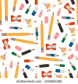Various pencils, eraser, sharpener and pencil shavings. Hand drawn vector illustration in trendy style. Colorful seamless pattern