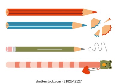 Various pencils, kawaii pen, writing school and office tools, cartoon style. Cute stationery. Trendy modern vector illustration isolated on white background, hand drawn, flat design.
