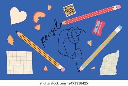 Various pencils, sharpener, checked paper, blank paper. Reminder, office, planner concept. Hand drawn Vector illustration. Cartoon style. Isolated elements. Design templates.