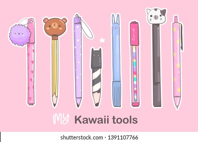 Various pens, pencils ond other writing office tools. Pre-made stickers. Hand drawn kawaii vector set. Cute colored trendy illustration for kids and adults. Flat design. All elements are isolated