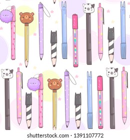 Various pens, pencils ond other writing office tools. Hand drawn kawaii vector seamless pattern. Cute colored trendy illustration for kids and adults. Flat design. Splash background