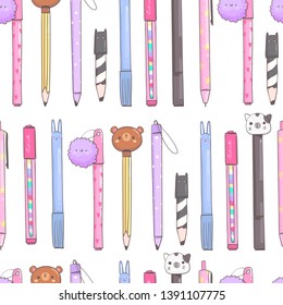 Various pens, pencils ond other writing office tools. Hand drawn kawaii vector seamless pattern. Cute colored trendy illustration for kids and adults. Flat design