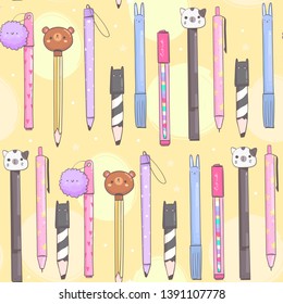 Various pens, pencils ond other writing office tools. Hand drawn kawaii vector seamless pattern. Cute colored trendy illustration for kids and adults. Flat design. Yellow background