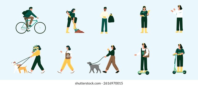 Various people activity in city set. Friends, walking with dog on street, gardening, cycling.