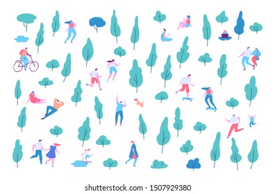 Various people atspring or summer park background. Leisure outdoor activities - walking dog, playing with ball, jogging, reading, picnic. Cartoon style flat vector illustration.