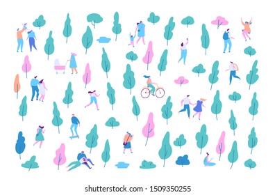Various people atspring or summer park background. Leisure outdoor activities - walking dog, playing with ball, jogging, reading, picnic. Cartoon style flat vector illustration.