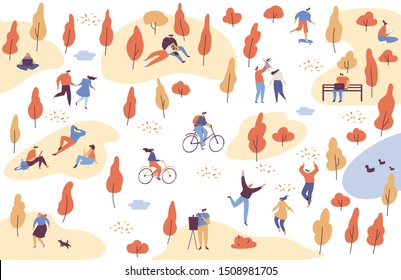 Various people at autumn park background. Autumn landscape. Leisure outdoor activities - walking dog, playing with ball, jogging, reading, picnic. Cartoon style flat vector illustration.