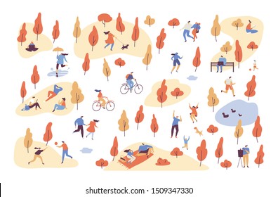 Various people at autumn park background. Autumn landscape. Leisure outdoor activities - walking dog, playing with ball, jogging, reading, picnic. Cartoon style flat vector illustration.