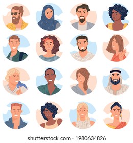 Various people avatar of diverse business team flat design vector collection. Bundle of joyful smiling colleagues. Man and woman faces.