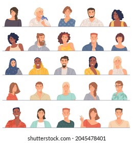 Various people avatar of diverse business team flat design vector collection. Bundle of joyful smiling colleagues. Man and woman faces.