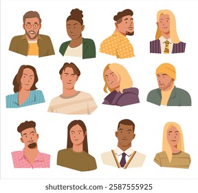 Various people avatar of diverse business team flat design vector collection. Bundle of joyful smiling colleagues. Man and woman faces.