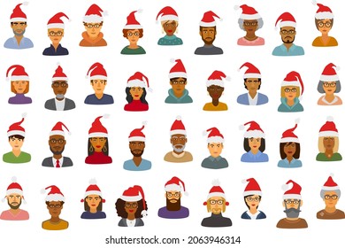 various people avatars in christmas santa hats set, men women, young adult and mature, different  male and female cartoon xmas portraits, isolated vector illustration graphic collection