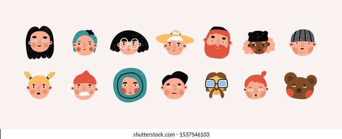 Various people and bear. Faces and heads. Characters, avatars. Different icons and logos. Cute hand drawn trendy vector illustrations. Cartoon style. Flat design. Naive art. All elements are isolated