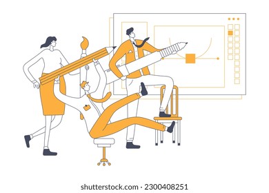 Various people with big pencil, stylus, brush. Hand drawn vector illustration. A team of people creates a design project in a vector editor.
