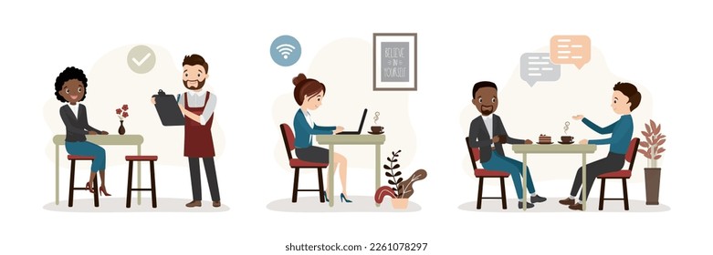Various people in cafe. Set of male and female characters, situations in coffee shop. Customers and waiters in restaurant. Customers eat, drink coffee and communicate. Flat vector illustration