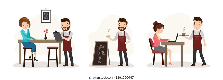 Various people in cafe. Set of male and female characters, situations in coffee shop. Customers and waiters in restaurant. Customers eat, drink coffee and communicate. Flat vector illustration