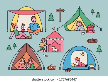 
Various people camp in different types of tents. flat design style minimal vector illustration.