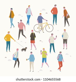 various people character on the street. flat design style vector graphic illustration set