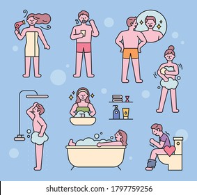 Various people characters in the bathroom. flat design style minimal vector illustration.