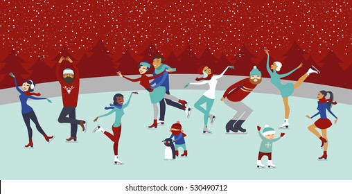 Various people characters on winter ice rink