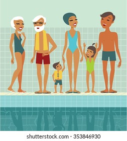 Various people characters in swimming pool flat vector illustration