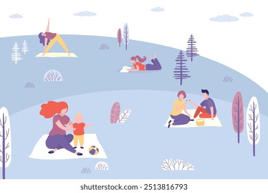 Varias personas y parejas en el parque en la naturaleza, picnic y actividad en un fin de semana, lindos personajes masculinos y femeninos, tiempo de descanso, relajarse, Ilustración vectorial de estilo de moda