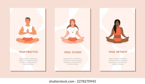 Diversas personas hacen ejercicio de yoga y meditación. Práctica de yoga, meditación, relajación, salud mental y física. Ilustración vectorial.