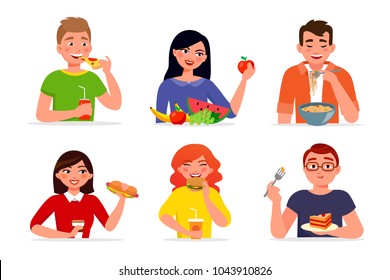 Various people eating fast food and healthy food vector flat illustration. Men and women eat tasty dishes and meals isolated on white background.