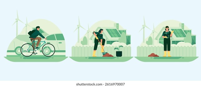 Various people ecology activity set. Friends, gardening, cycling.
